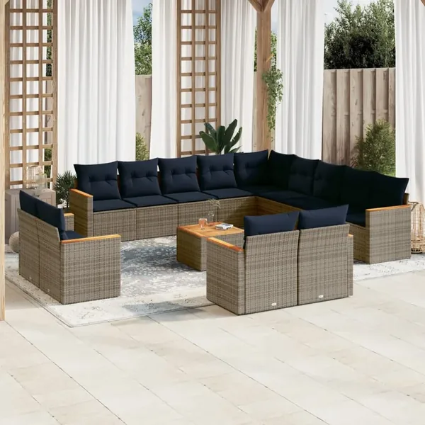 Ensemble de canapé de jardin 14 pcs avec coussins gris résine tressée