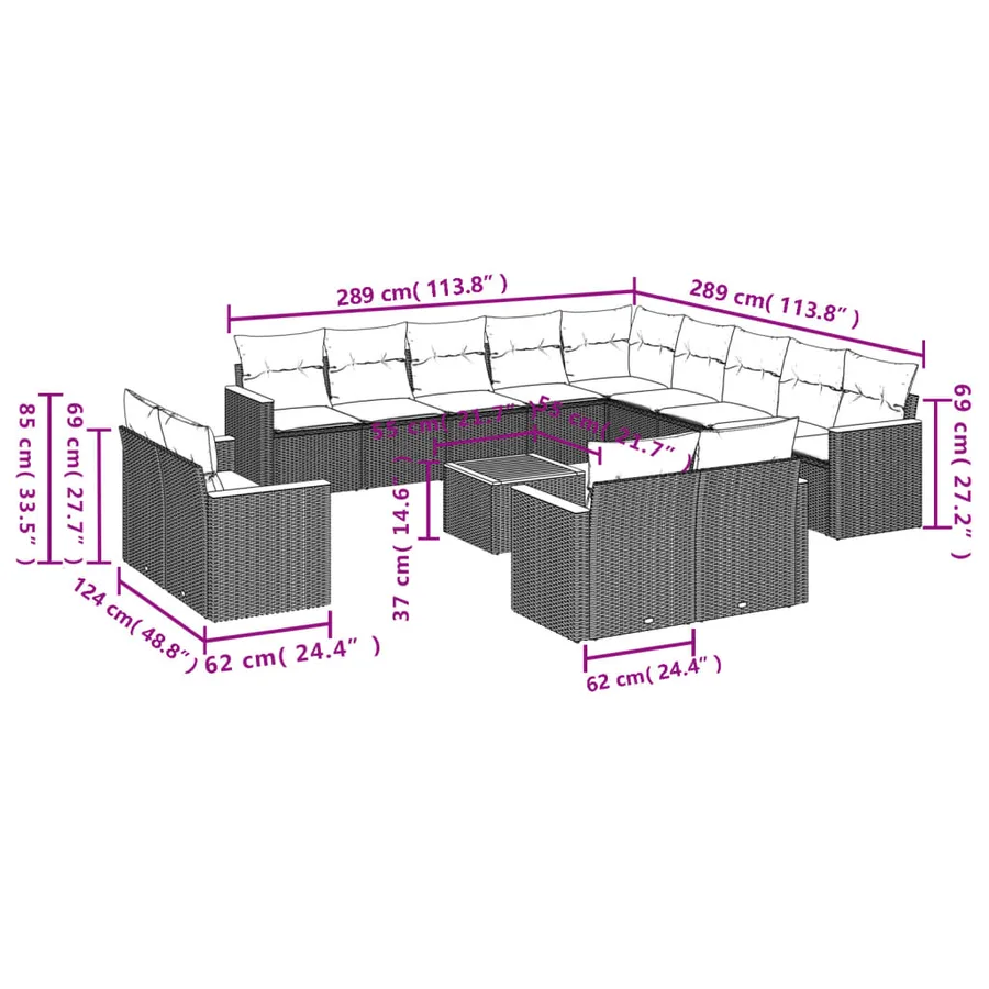 Ensemble de canapé de jardin 14 pcs avec coussins gris résine tressée - 8