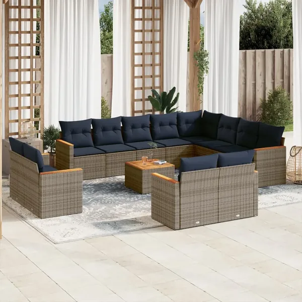 Ensemble de canapé de jardin 13 pcs avec coussins gris résine tressée