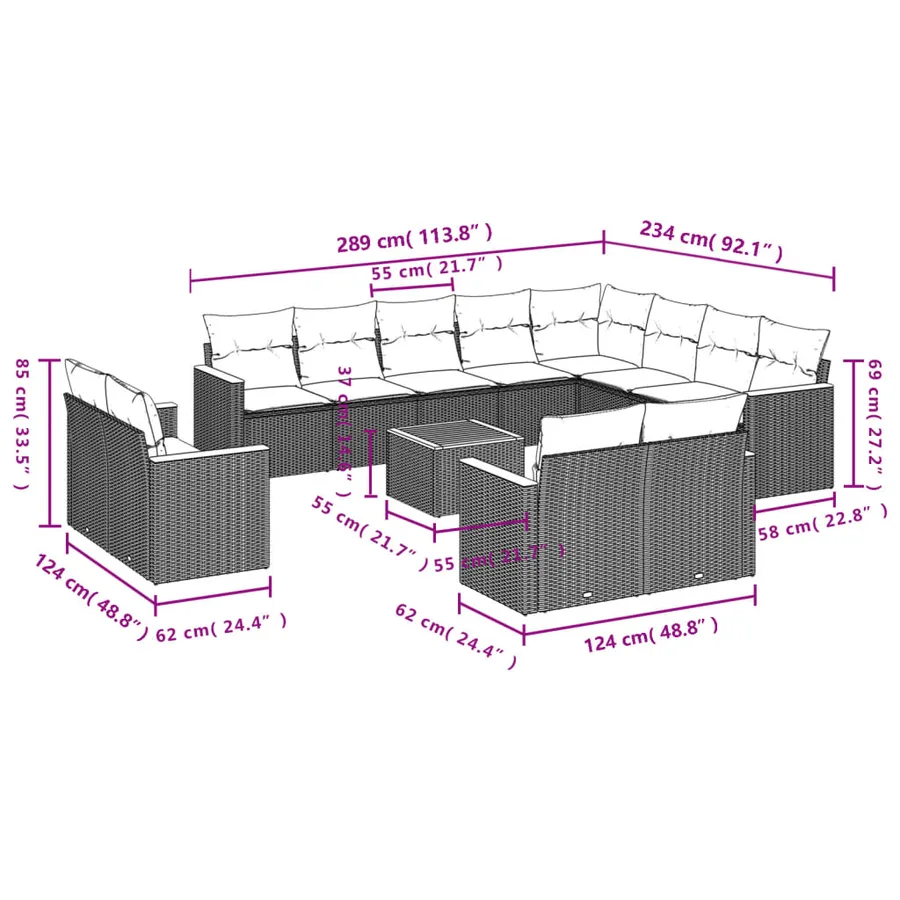 Ensemble de canapé de jardin 13 pcs avec coussins gris résine tressée - 8