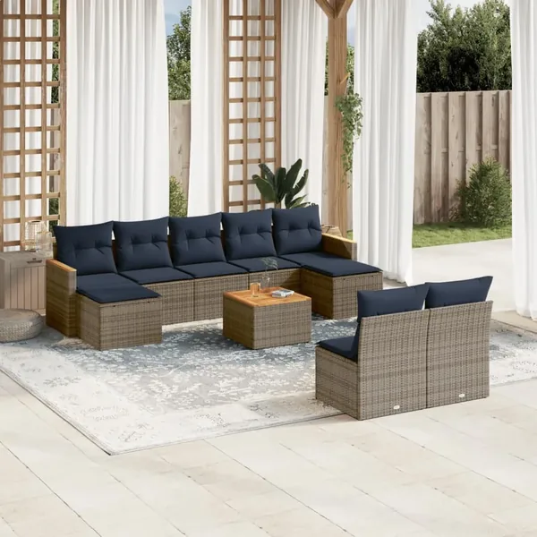 Ensemble de canapé de jardin 10 pcs avec coussins gris résine tressée