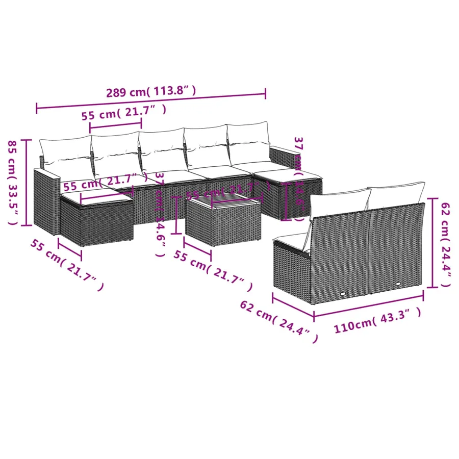 Ensemble de canapé de jardin 10 pcs avec coussins gris résine tressée - 9