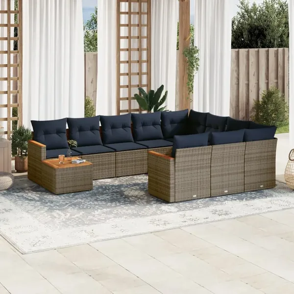 Ensemble de canapé de jardin 11 pcs avec coussins gris résine tressée