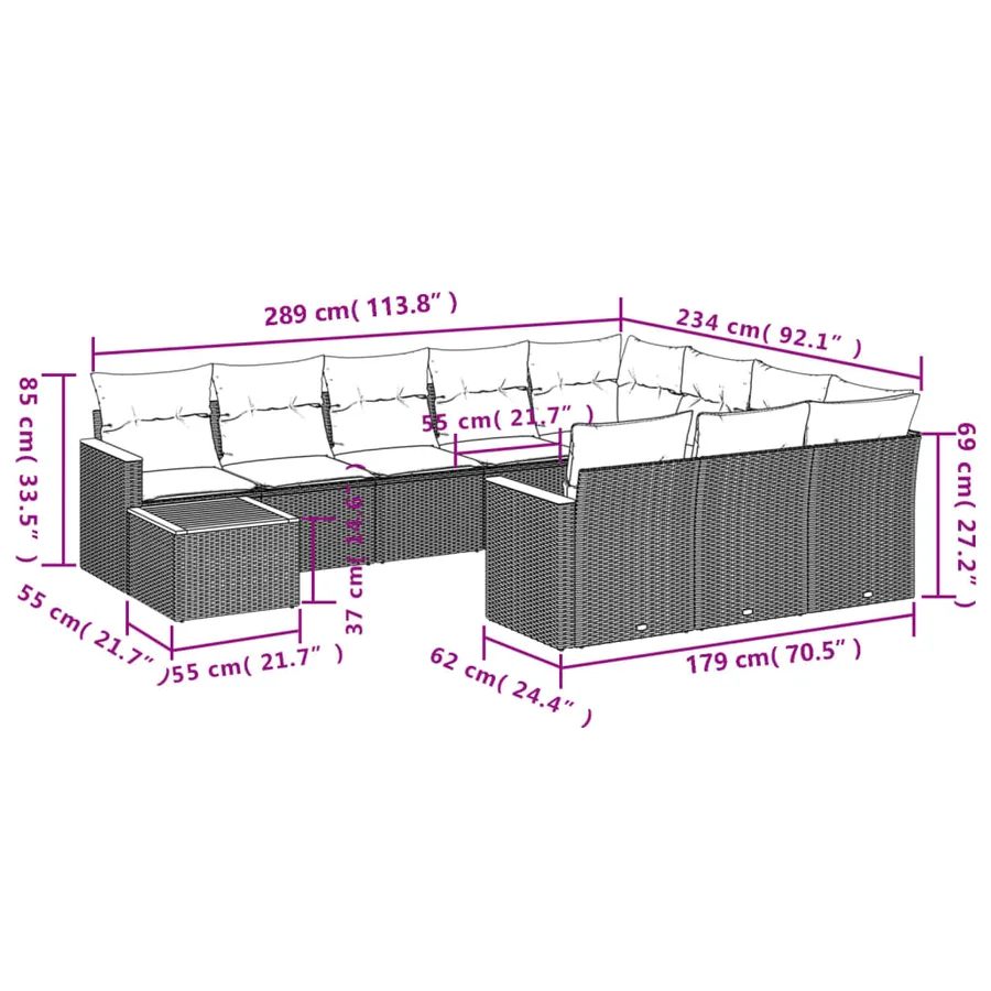 Ensemble de canapé de jardin 11 pcs avec coussins gris résine tressée - 8
