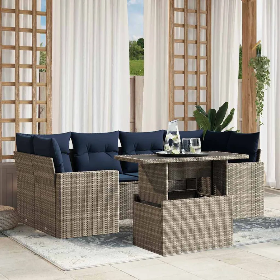 Ensemble de canapé de jardin 7 pcs avec coussins gris résine tressée