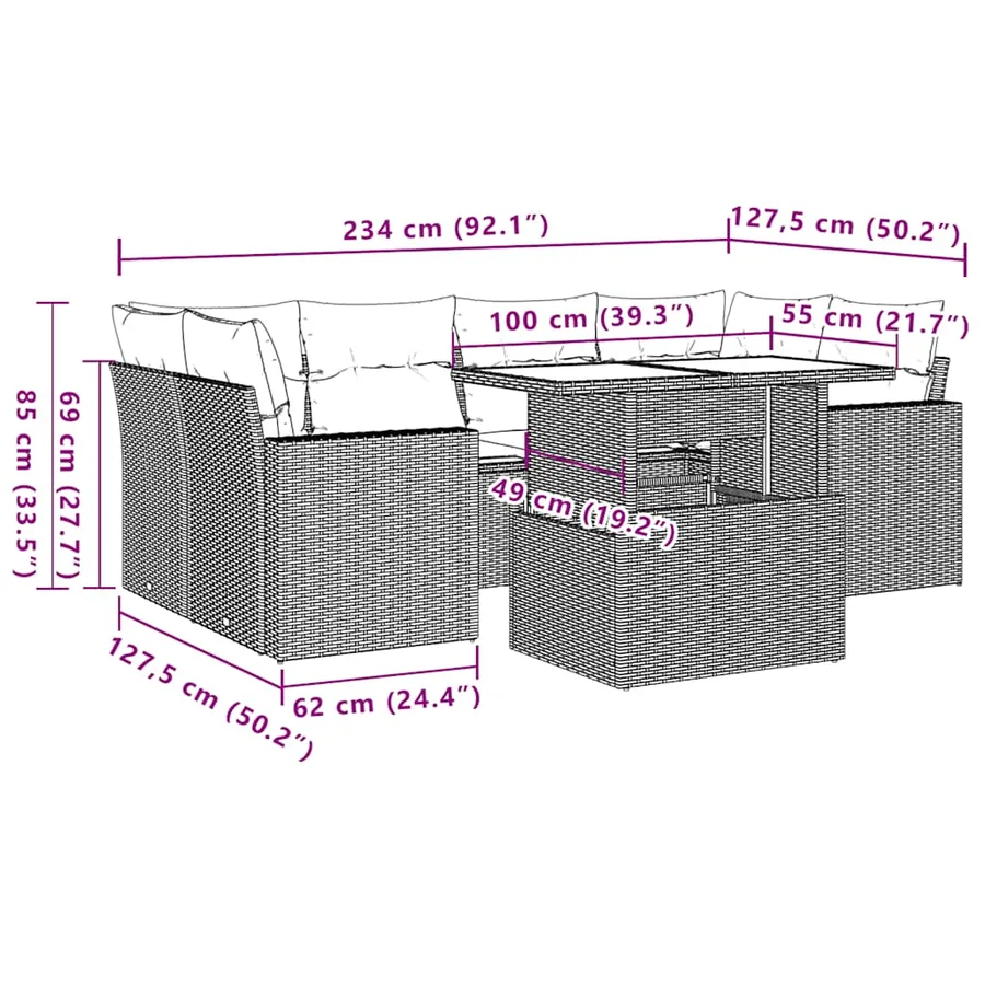 Ensemble de canapé de jardin 7 pcs avec coussins gris résine tressée - 10