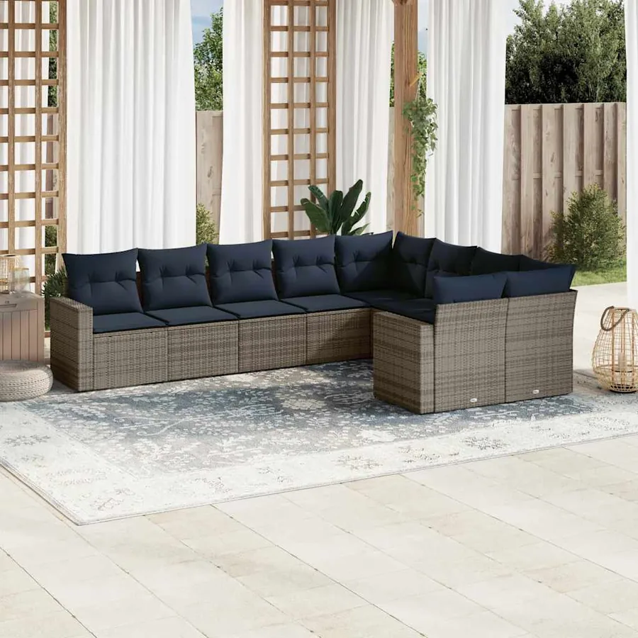 Salon de jardin 9 pcs avec coussins gris résine tressée
