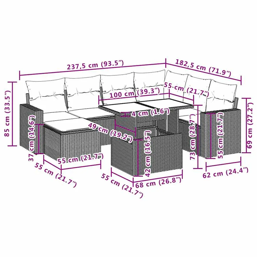 Ensemble de canapé de jardin 8 pcs avec coussins gris résine tressée - 11