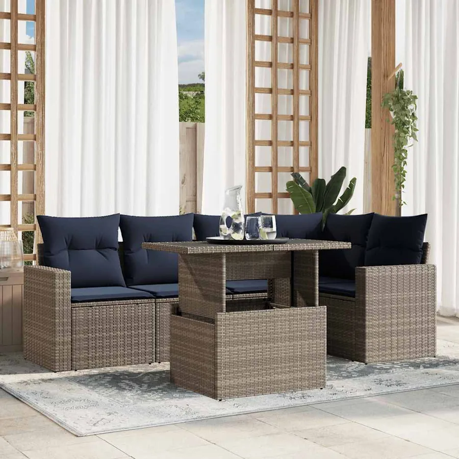 Ensemble de canapé de jardin 6 pcs avec coussins gris résine tressée