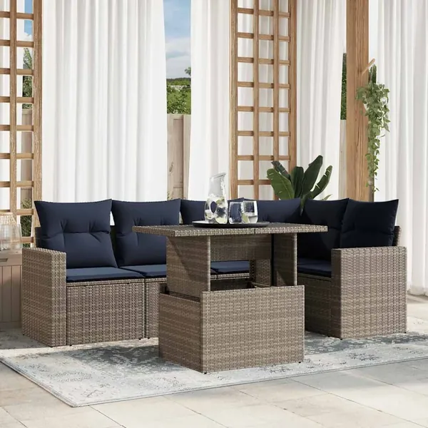 Ensemble de canapé de jardin 6 pcs avec coussins gris résine tressée