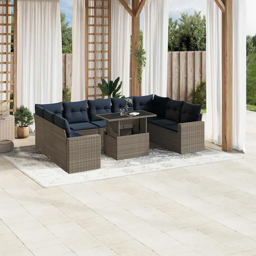 Ensemble de canapé de jardin 10 pcs avec coussins gris résine tressée