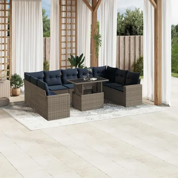 Ensemble de canapé de jardin 10 pcs avec coussins gris résine tressée