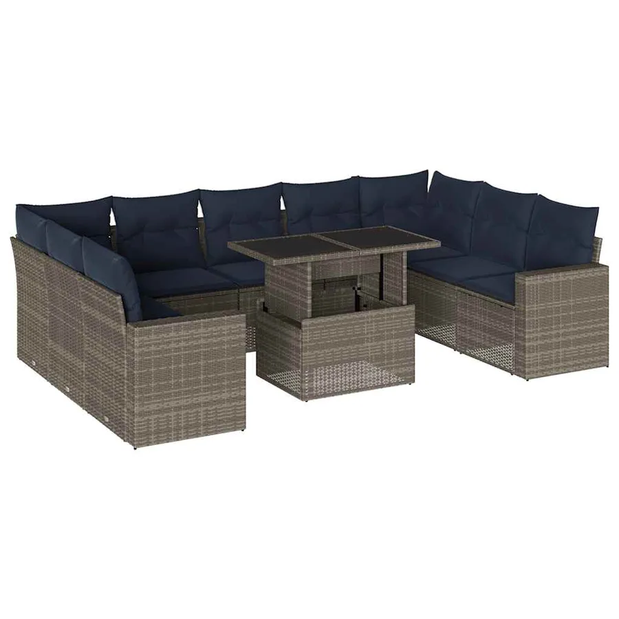 Ensemble de canapé de jardin 10 pcs avec coussins gris résine tressée - 2
