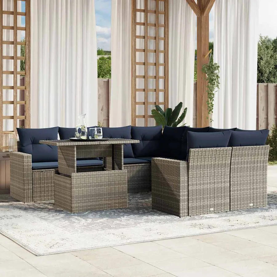 Ensemble de canapé de jardin 9 pcs avec coussins gris résine tressée