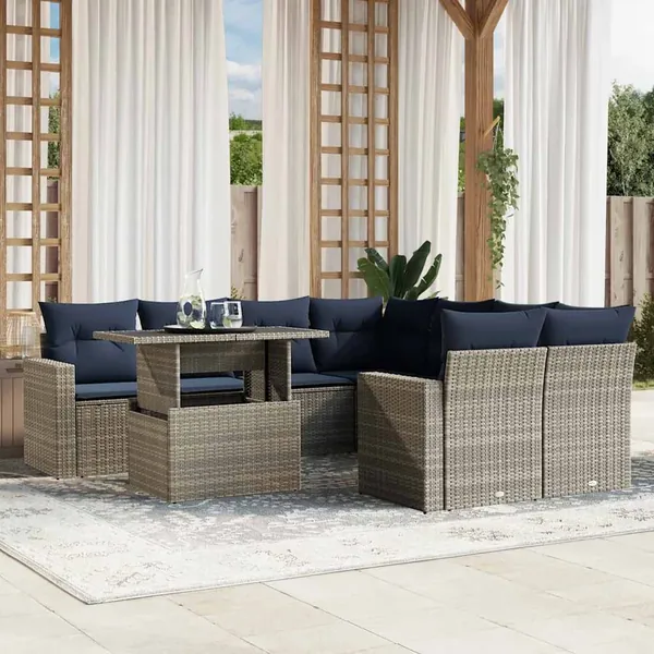 Ensemble de canapé de jardin 9 pcs avec coussins gris résine tressée