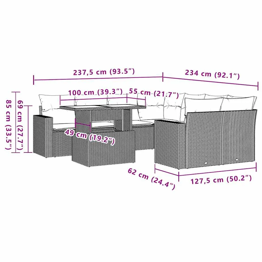 Ensemble de canapé de jardin 9 pcs avec coussins gris résine tressée - 10