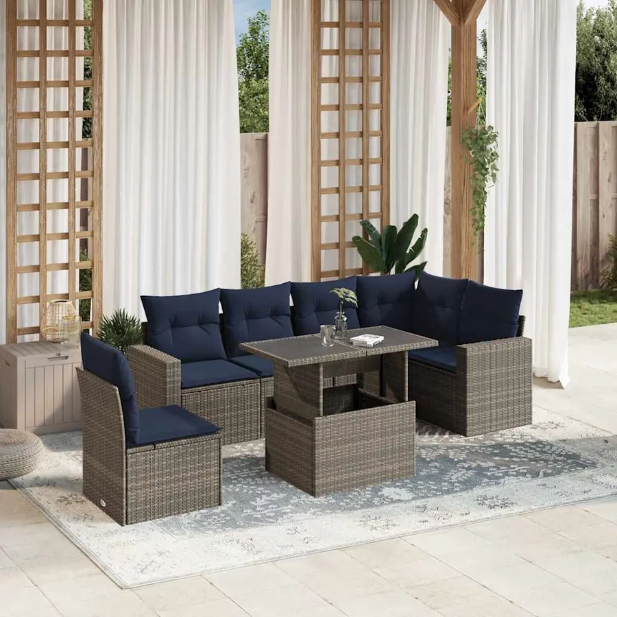 Ensemble de canapé de jardin 7 pcs avec coussins gris résine tressée