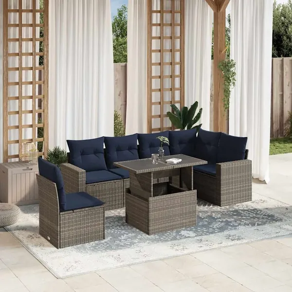 Ensemble de canapé de jardin 7 pcs avec coussins gris résine tressée