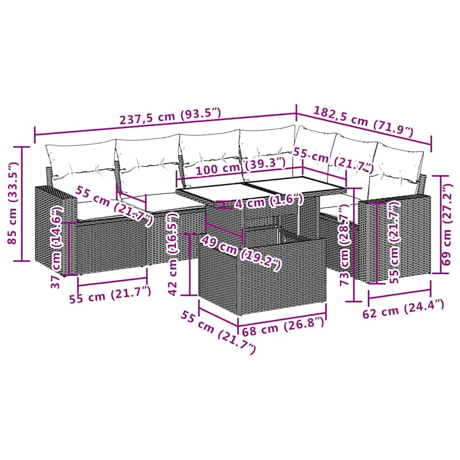 Ensemble de canapé de jardin 7 pcs avec coussins gris résine tressée - 10