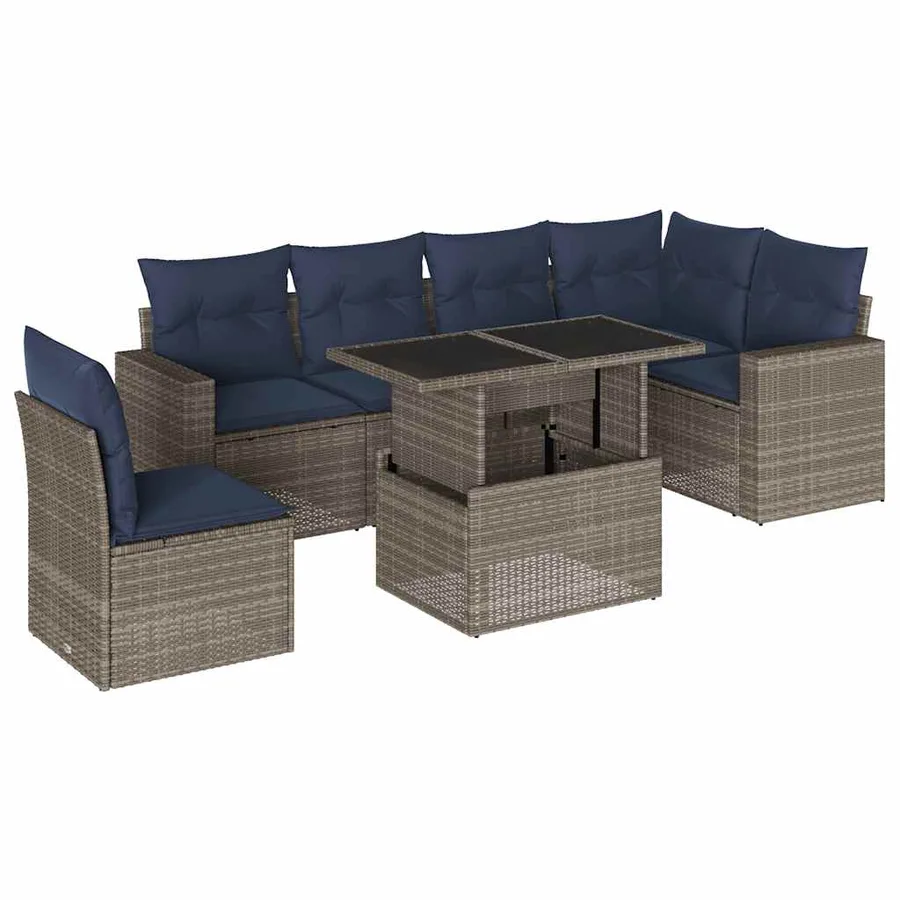 Ensemble de canapé de jardin 7 pcs avec coussins gris résine tressée - 2