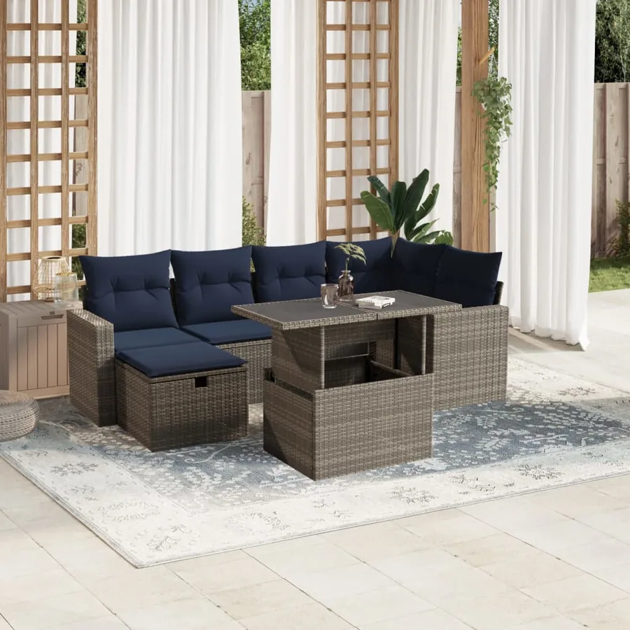 Ensemble de canapé de jardin 7 pcs avec coussins gris résine tressée