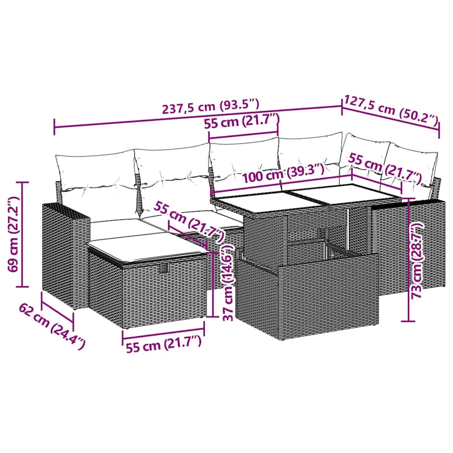 Ensemble de canapé de jardin 7 pcs avec coussins gris résine tressée - 13