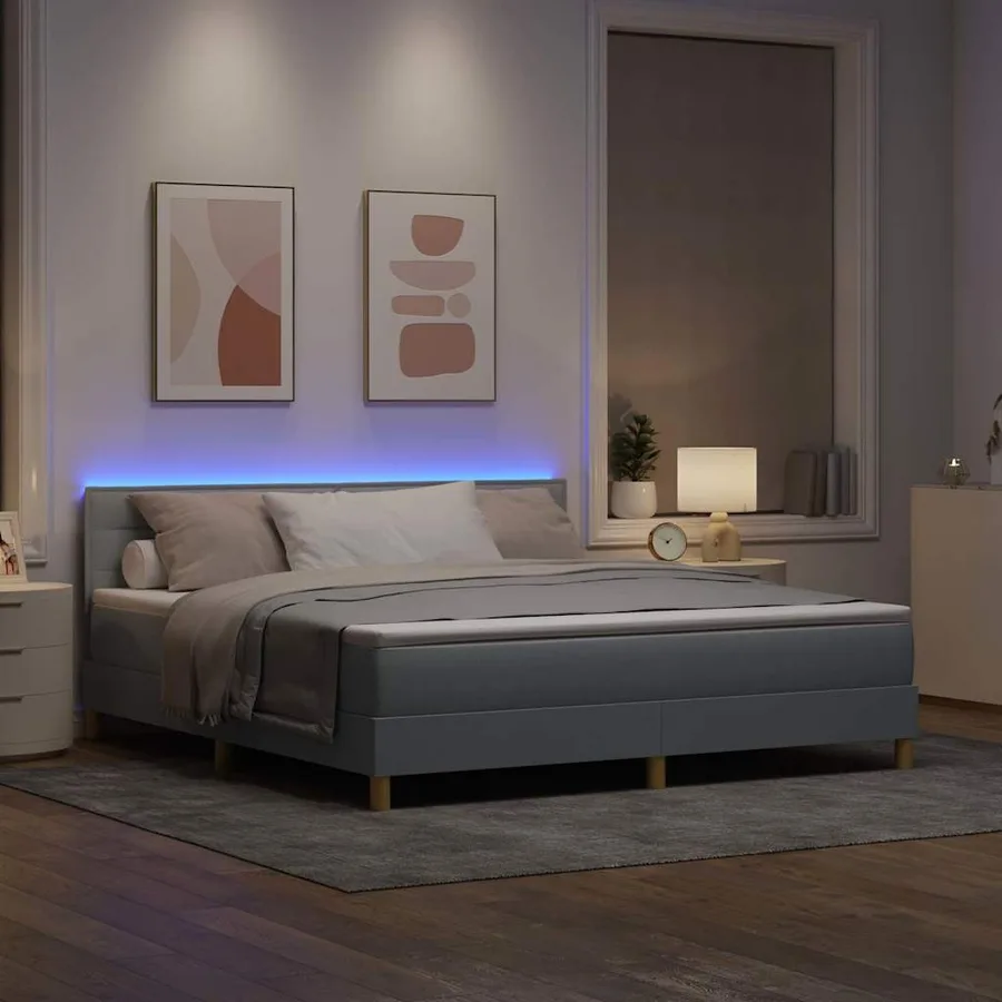 Lit à ressort LED avec coussin Gris clair 180 x 200 cm tissu - 5