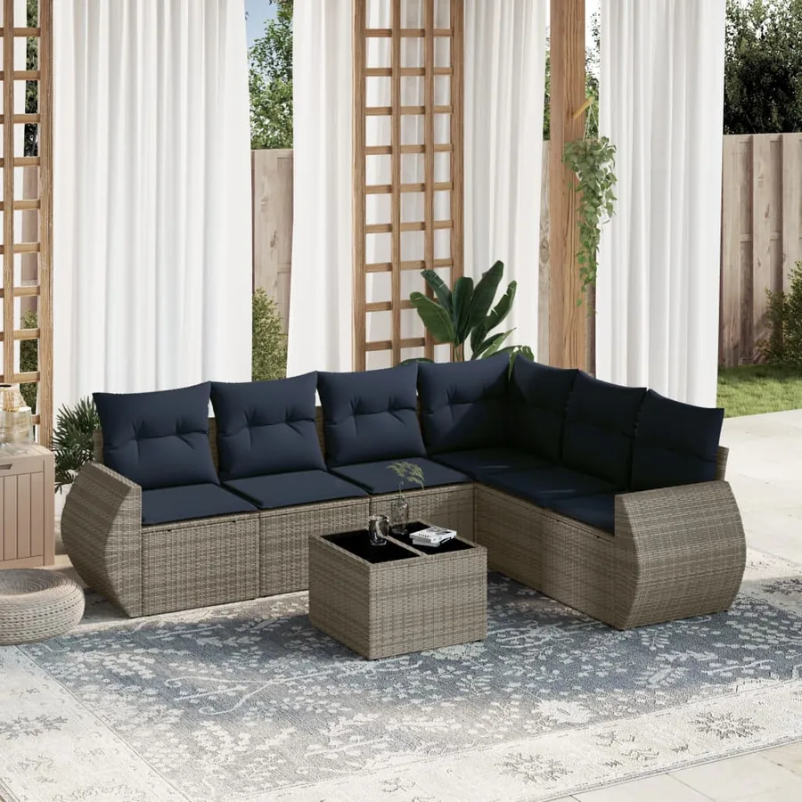Ensemble de canapé de jardin 7 pcs avec coussins gris résine tressée