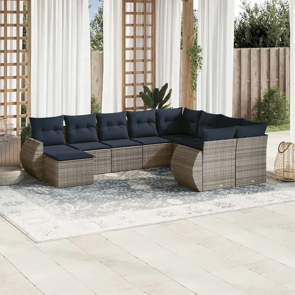 Ensemble de canapé de jardin 10 pcs avec coussins gris résine tressée
