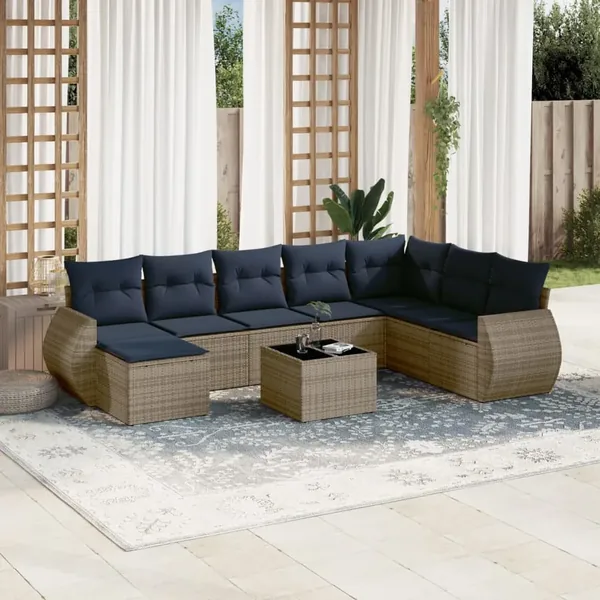 Ensemble de canapé de jardin 9 pcs avec coussins gris résine tressée