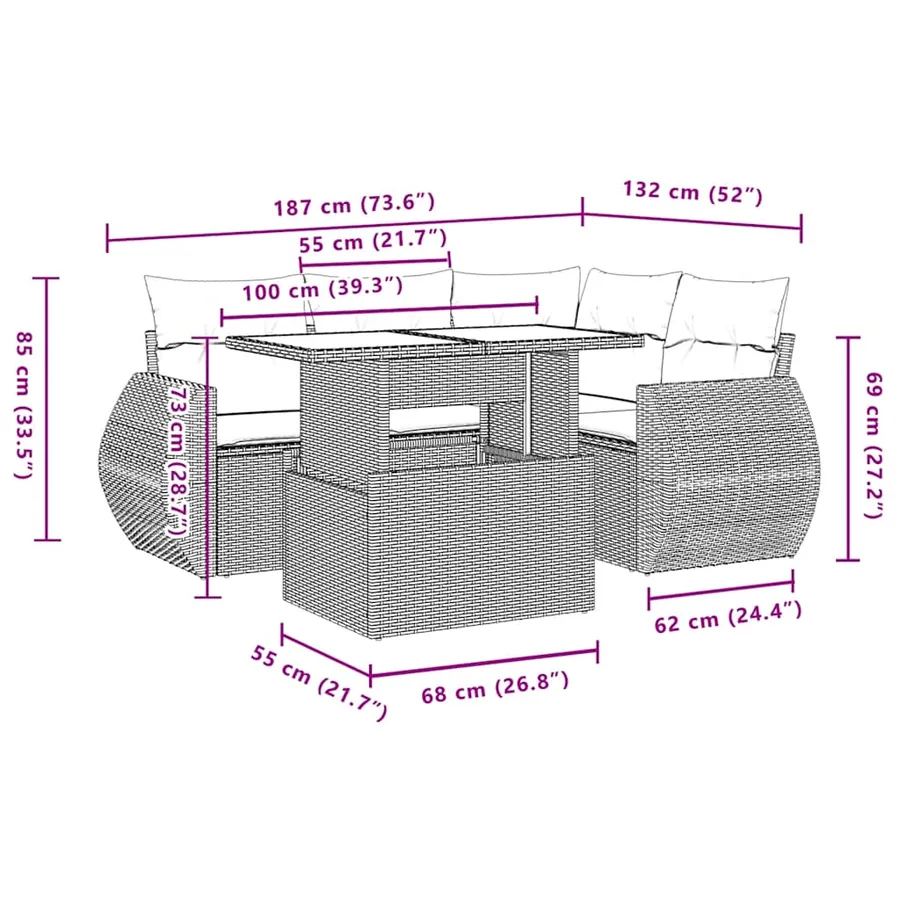 Ensemble de canapé de jardin 5 pcs avec coussins gris résine tressée - 10