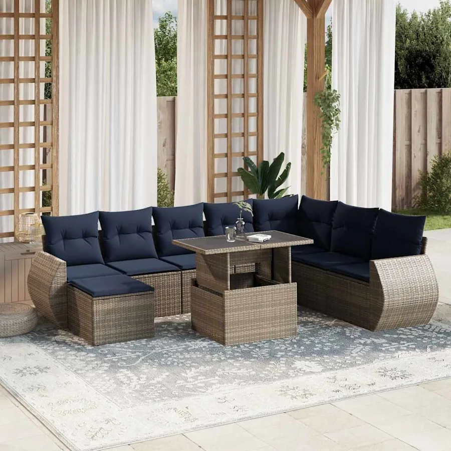 Ensemble de canapé de jardin 9 pcs avec coussins gris résine tressée