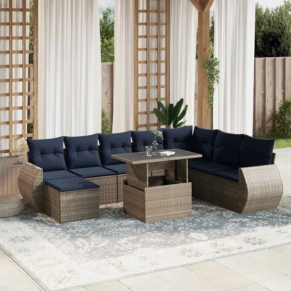 Ensemble de canapé de jardin 9 pcs avec coussins gris résine tressée