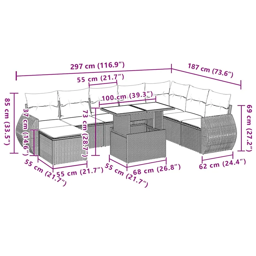 Ensemble de canapé de jardin 9 pcs avec coussins gris résine tressée - 11