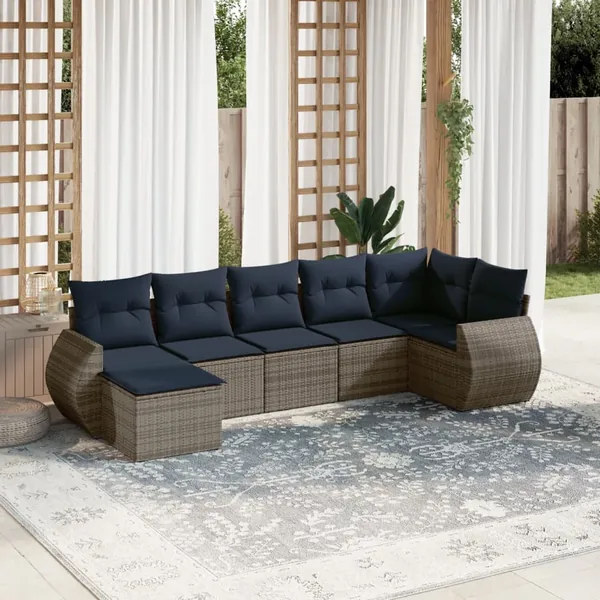 Ensemble de canapé de jardin 7 pcs avec coussins gris résine tressée
