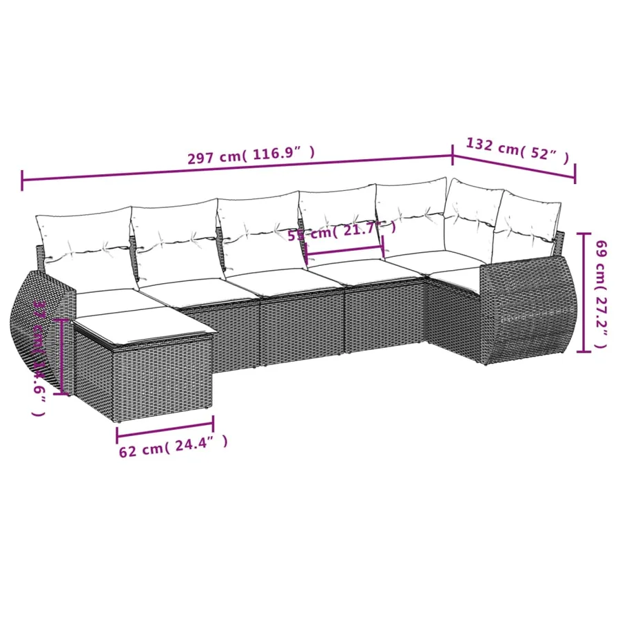 Ensemble de canapé de jardin 7 pcs avec coussins gris résine tressée - 8