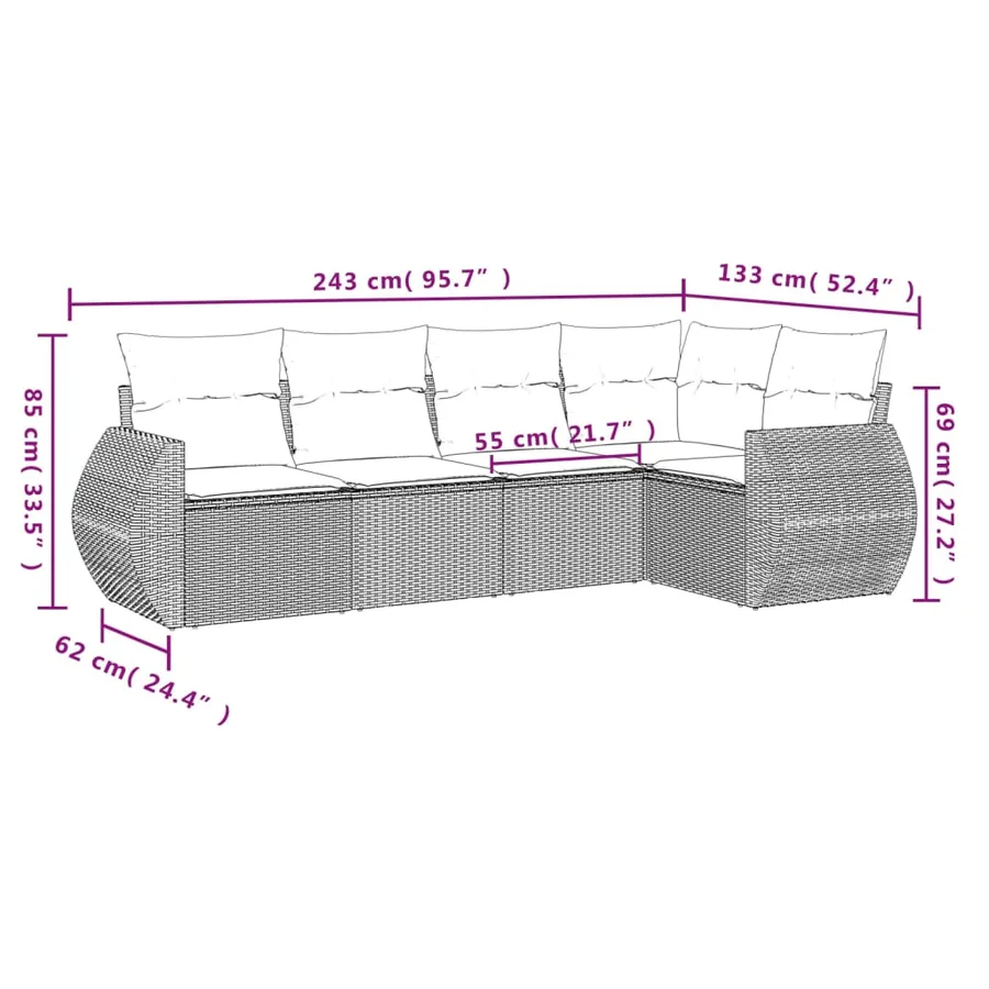 Ensemble de canapé de jardin 5 pcs avec coussins gris résine tressée - 7
