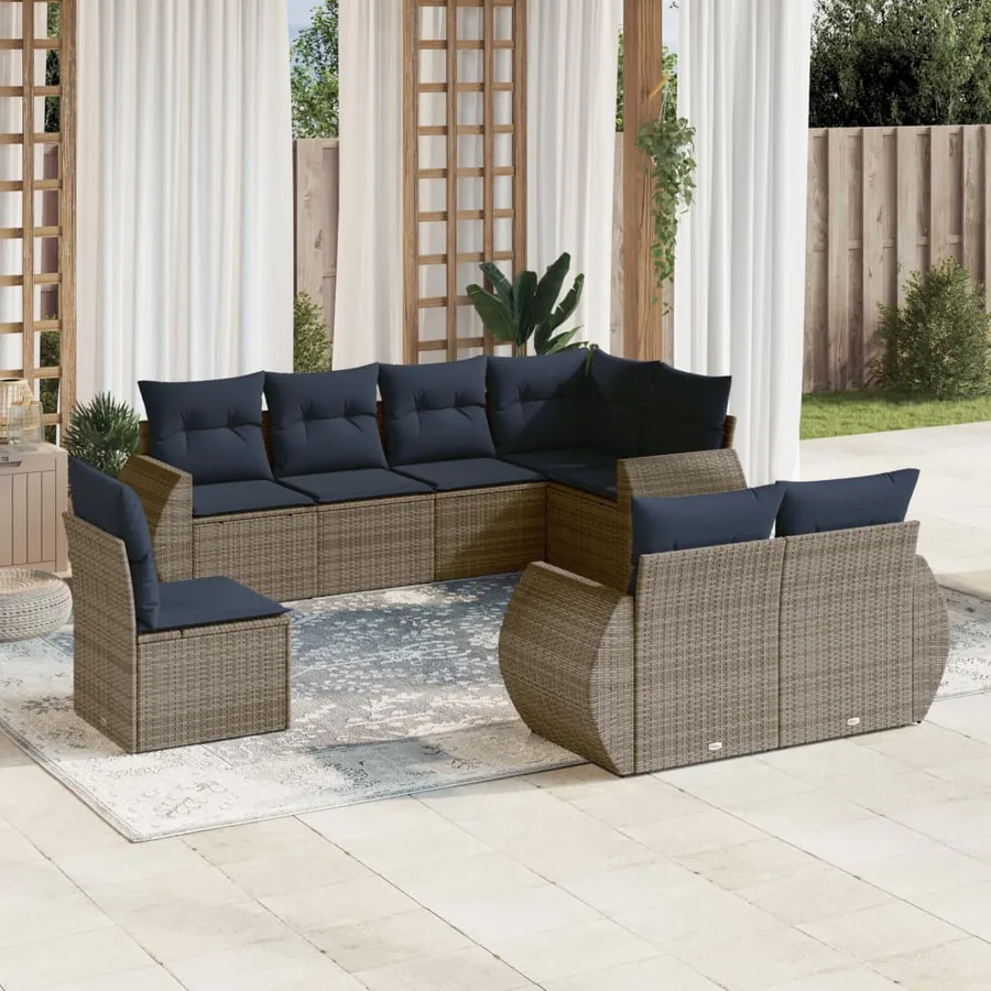 Ensemble de canapé de jardin 8 pcs avec coussins gris résine tressée