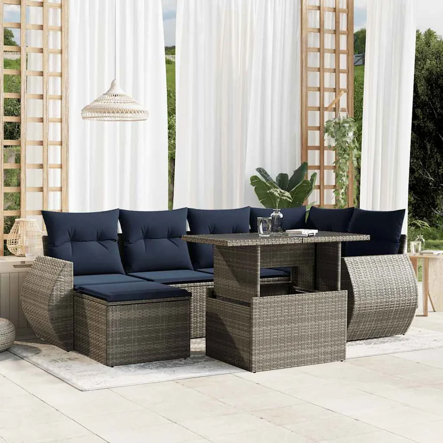 Ensemble de canapé de jardin 7 pcs avec coussins gris résine tressée
