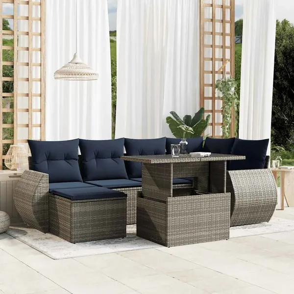 Ensemble de canapé de jardin 7 pcs avec coussins gris résine tressée