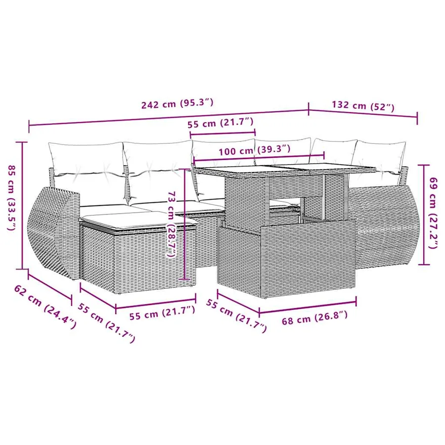 Ensemble de canapé de jardin 7 pcs avec coussins gris résine tressée - 11