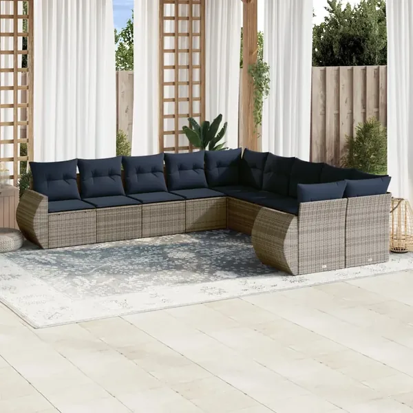 Ensemble de canapé de jardin 10 pcs avec coussins gris résine tressée