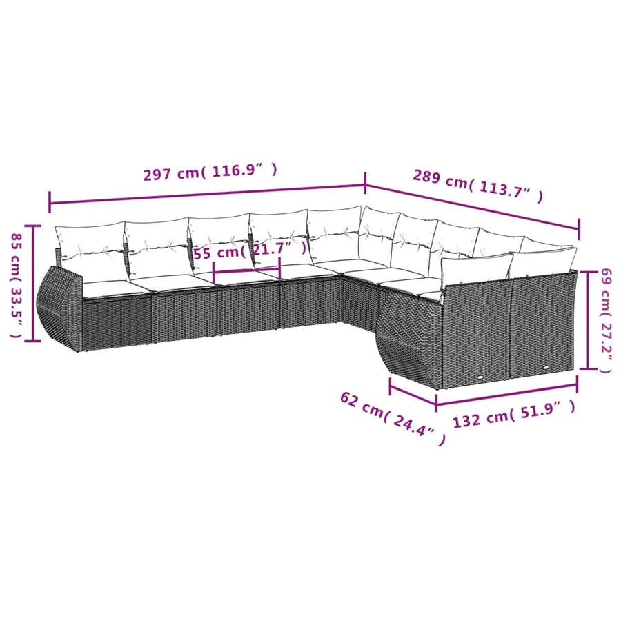 Ensemble de canapé de jardin 10 pcs avec coussins gris résine tressée - 7