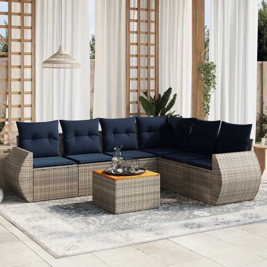 Ensemble de canapé de jardin 7 pcs avec coussins gris résine tressée