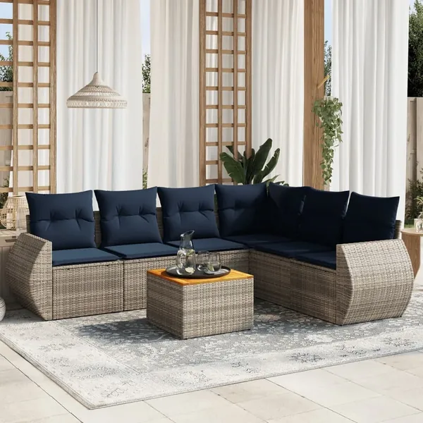 Ensemble de canapé de jardin 7 pcs avec coussins gris résine tressée