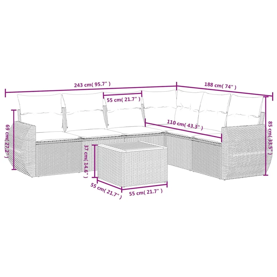 Ensemble de canapé de jardin 7 pcs avec coussins gris résine tressée - 8