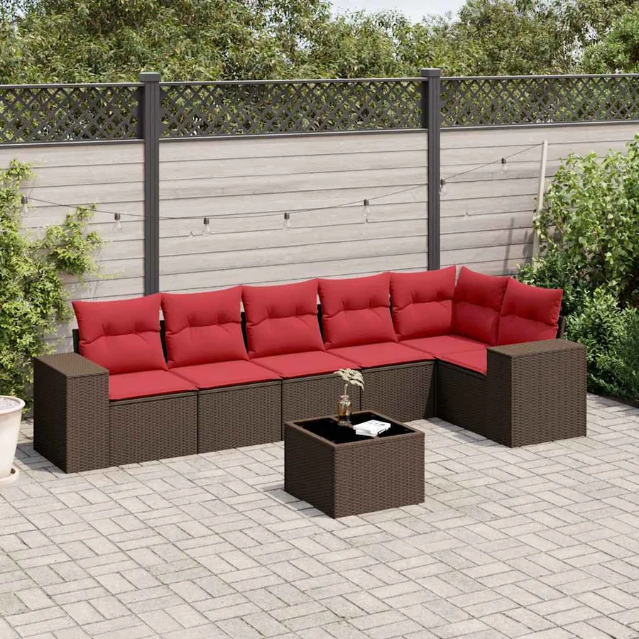 Ensemble de canapé de jardin 7 pcs avec coussins marron résine tressée