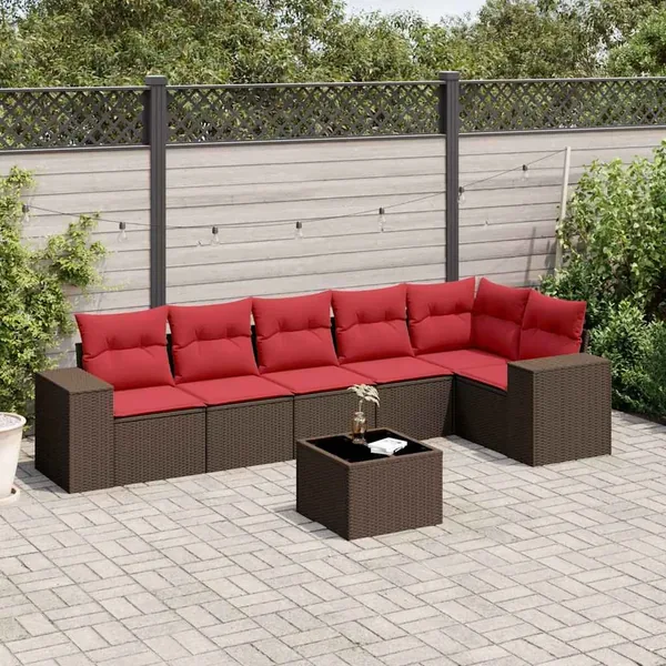 Ensemble de canapé de jardin 7 pcs avec coussins marron résine tressée