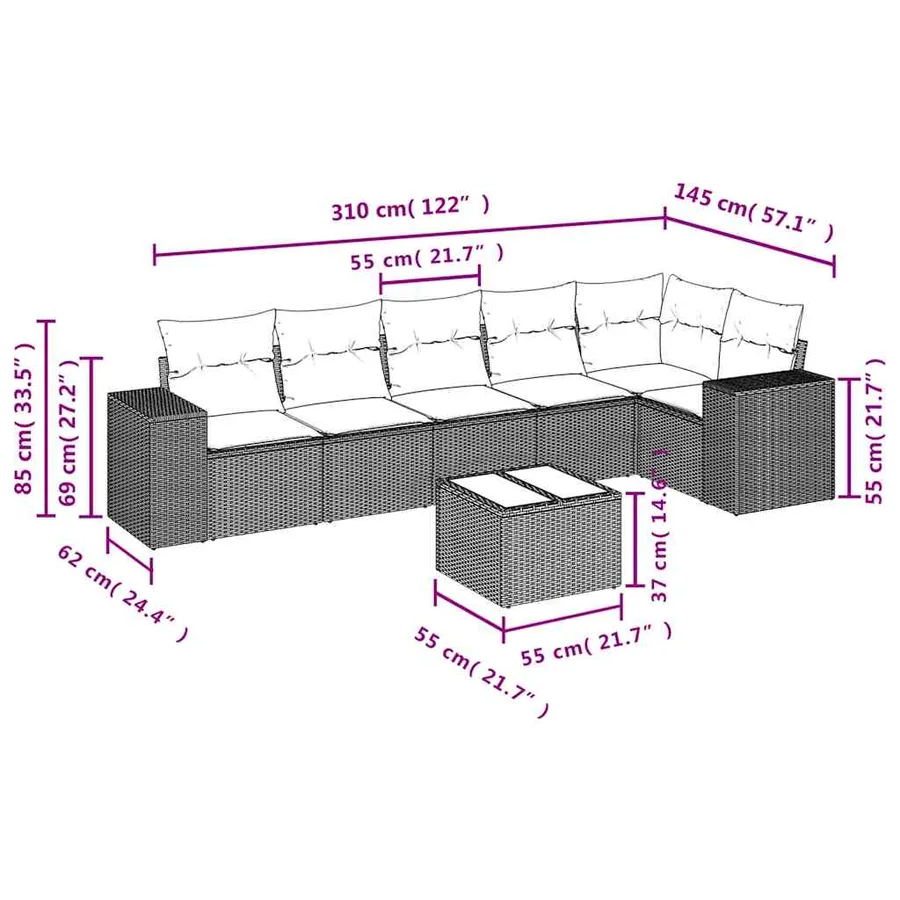 Ensemble de canapé de jardin 7 pcs avec coussins marron résine tressée - 8