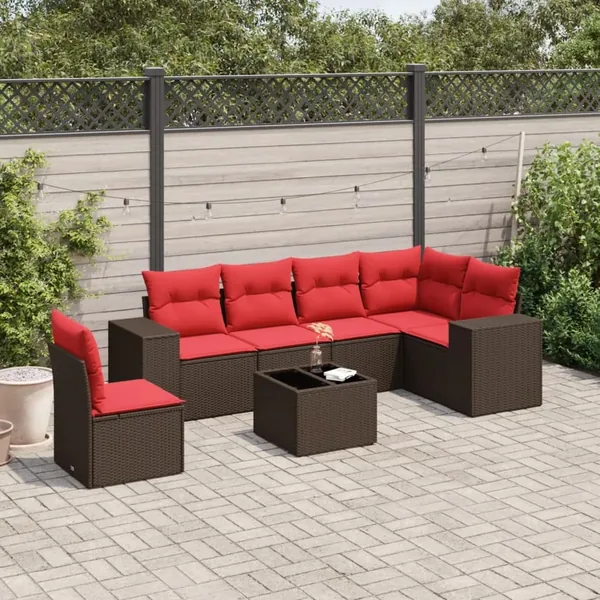Ensemble de canapé de jardin 7 pcs avec coussins marron résine tressée